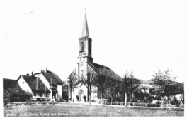 Pfarrkirche, katholische Schule und Lehrerwohnung um 1935
